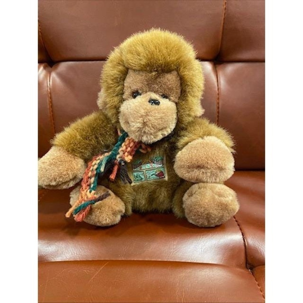 Vintage Robinson Plush Monkey Brown Shaggy Long Tail Stuffed Animal with Scarf